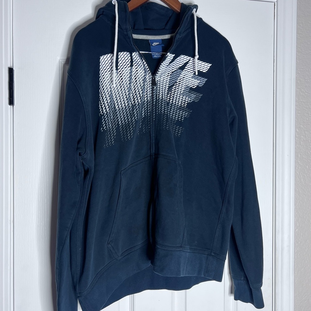 Nike Sweatshirt Mens Large Blue Full Zip Hoodie Spell Out Logo Fleece Jacket